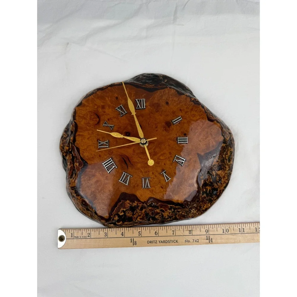 Vintage Live Edge Wood Burl Wall Clock Glossy Resin Roman Numeral Quartz Rustic‎